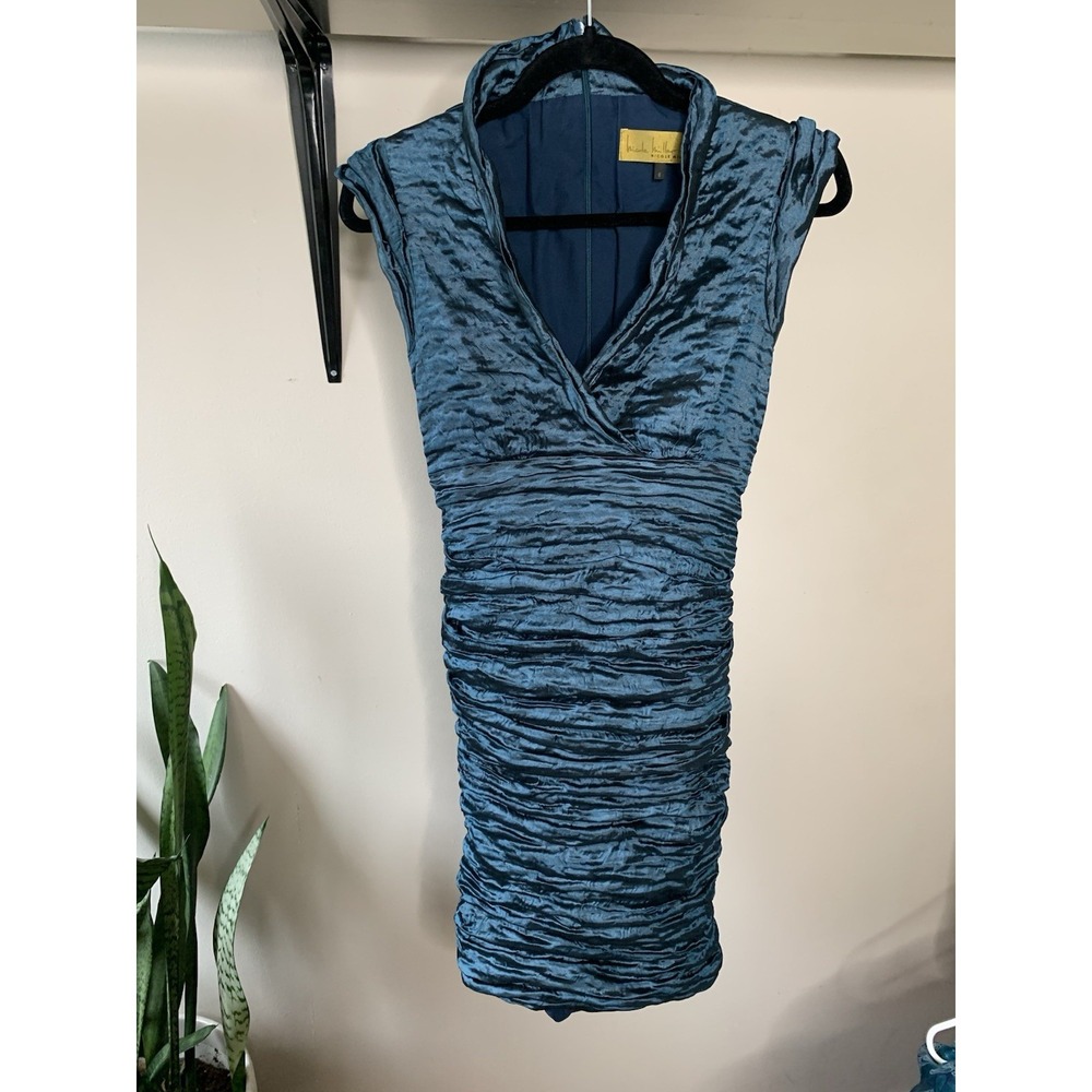 Vintage Y2K 90's Nicole Miller Gold Label Blue Rushed Dress Size 6 USA $450 - Picture 6 of 16